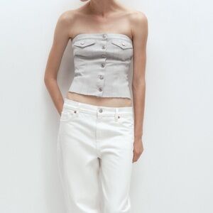 Zara Corset Top Silver Denim Crop Bustier Top Raw Hem Cotton Women’s Size Medium